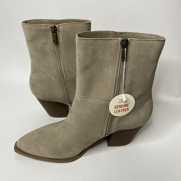 Lucky Brand Women's Sz 9M Tan Suede Leather Studded Ankle Boot Bootie Block Heel - Picture 3 of 12